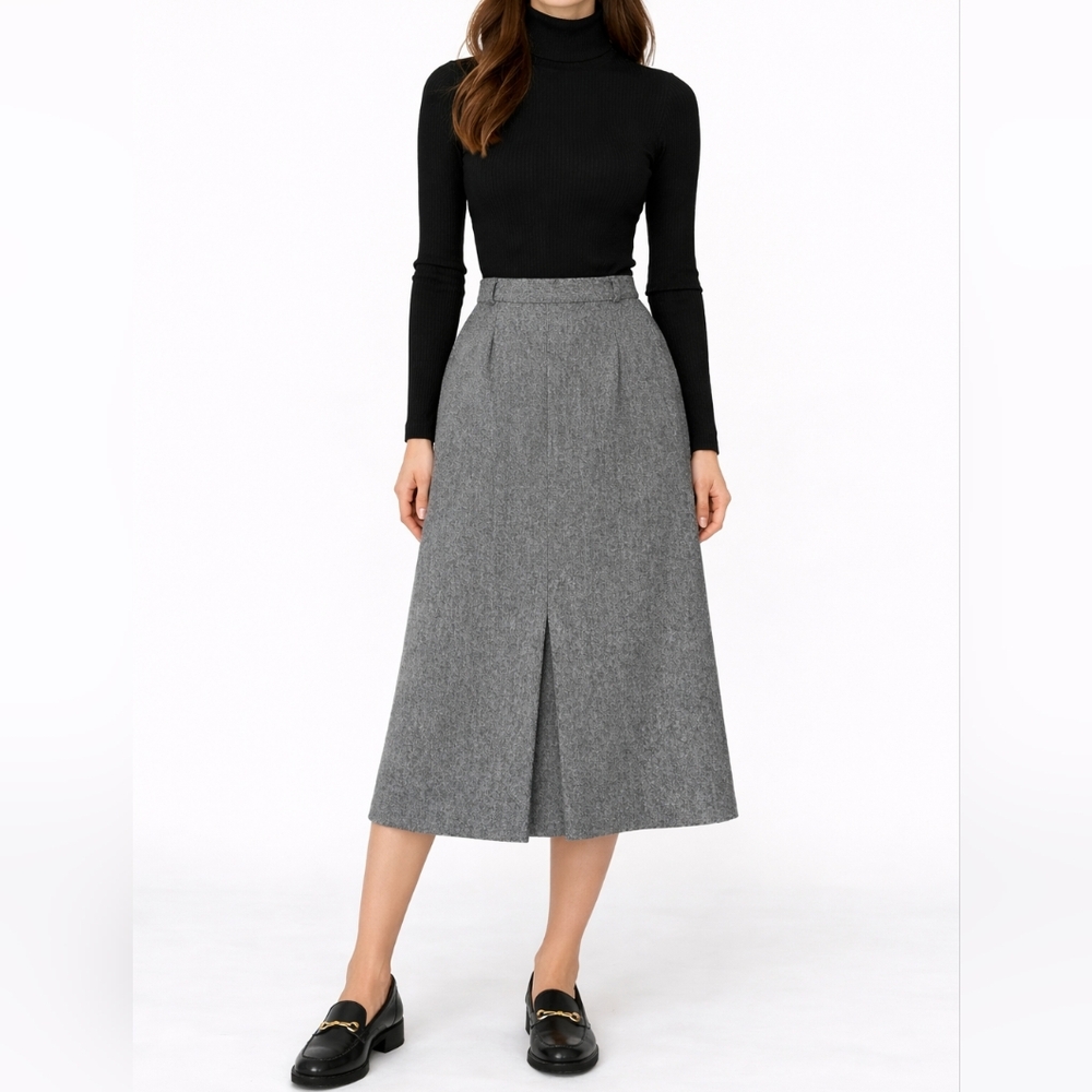 VINTAGE PANTHER 100% Wool Midi Skirt | M | Heather Gray | Preppy Tailored Pleat